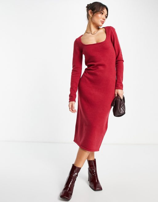 Monki rib knit bodycon midi dress in red