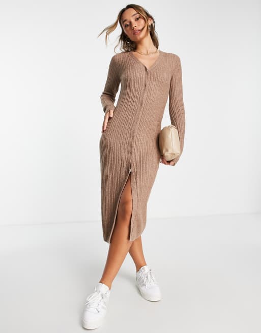 ASOS DESIGN knit midi dress with snap front in taupe