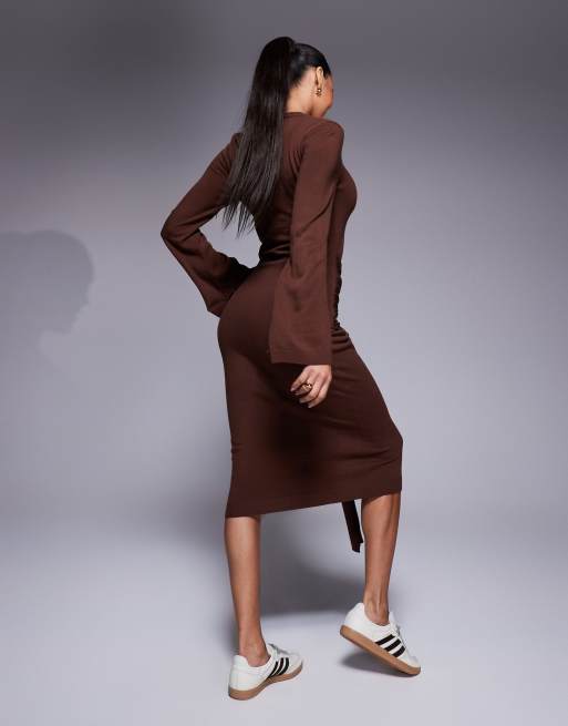ASOS DESIGN knit midi dress with tie front in chocolate brown
