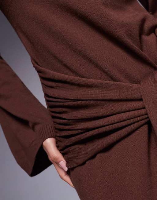 ASOS DESIGN knit midi dress with tie front in chocolate brown