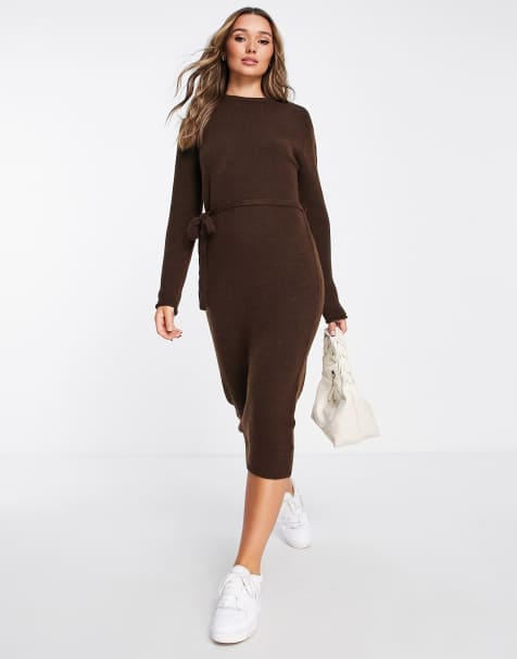 ASOS DESIGN knit midi dress with tie waist in brown - view 1