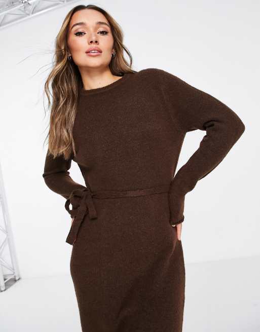 Tie waist long outlet sleeve knit midi dress