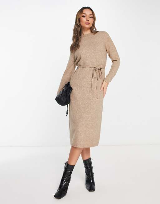 CerbeShops DESIGN knit midi dress with tie waist in oatmeal