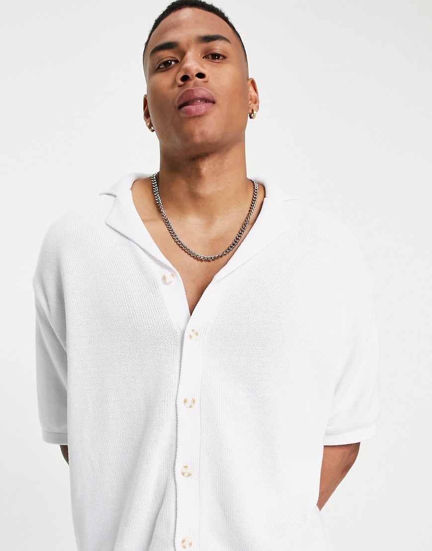 ASOS DESIGN knit midweight button up polo in white