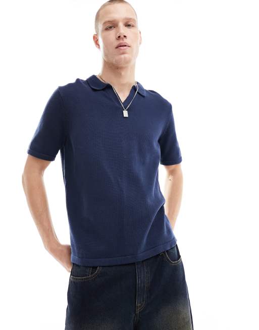 ASOS DESIGN knit midweight cotton notch neck polo in navy