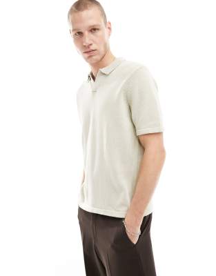 Shop Asos Design Knit Midweight Cotton Notch Neck Polo In Stone-neutral