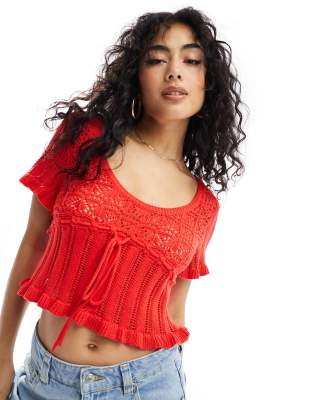 knit milkmaid top in open stitch with tie waist in red-Multi