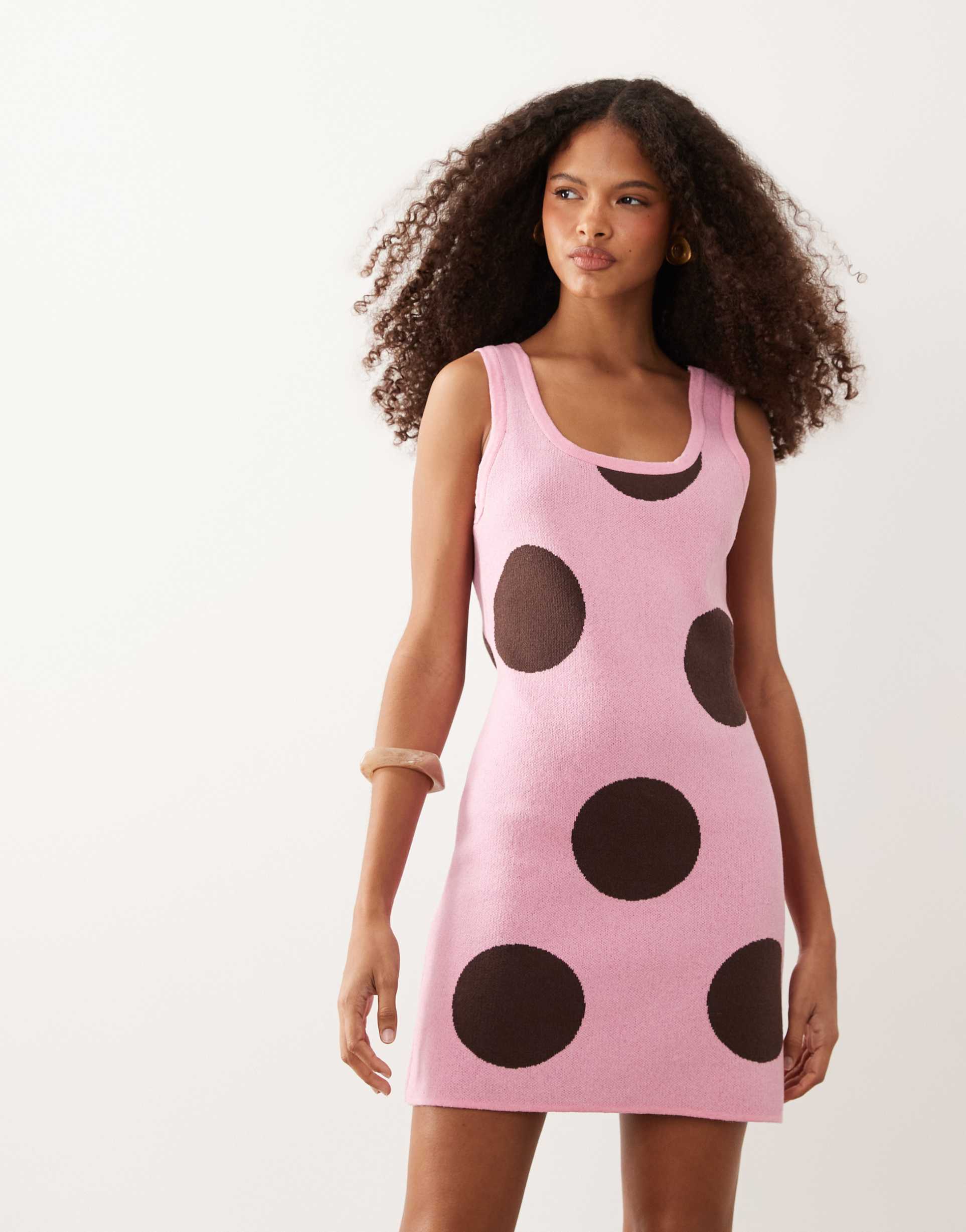 asos design knit mini dress in pink polka dot print