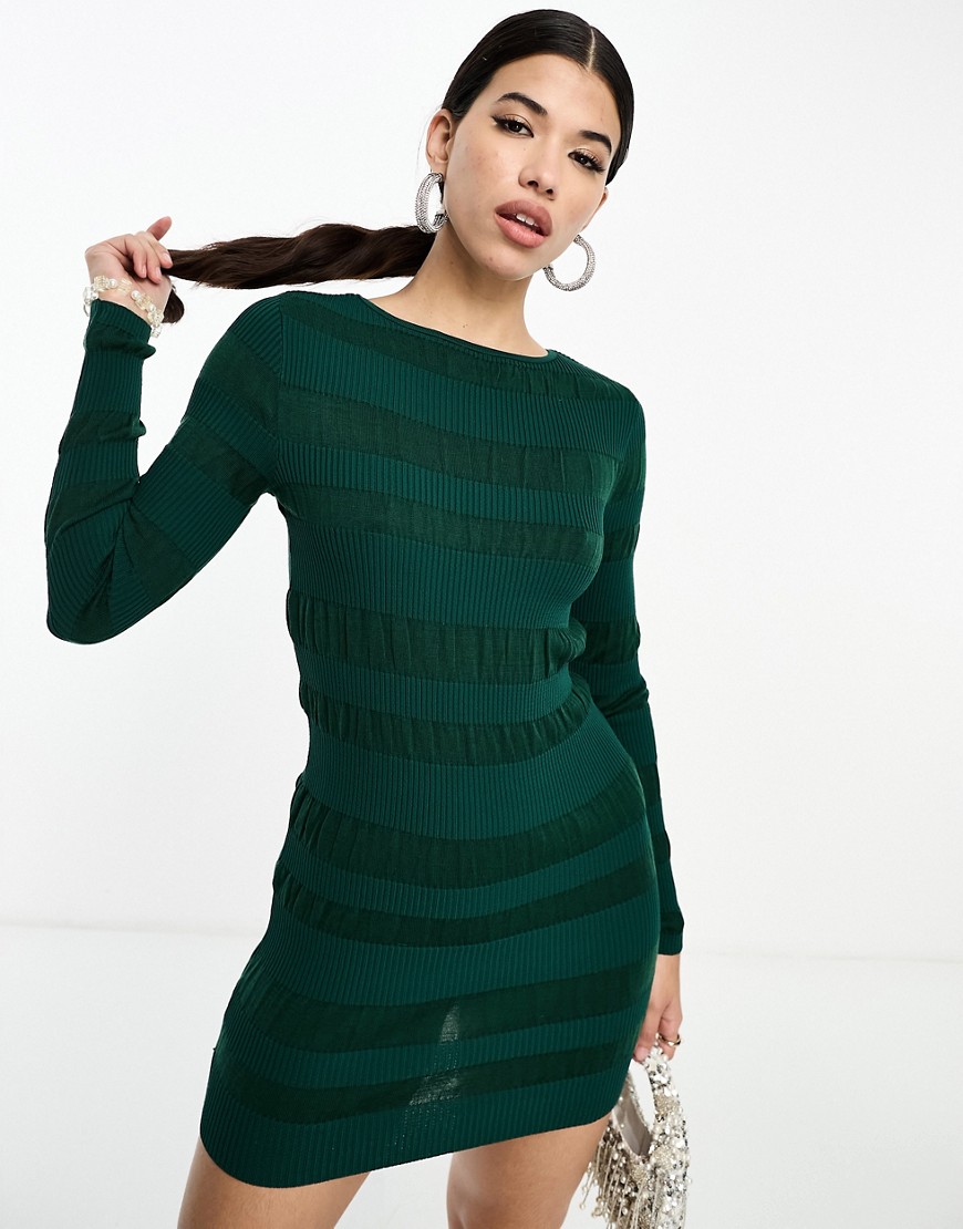 Asos Design Knit Mini Dress In Self Stripe Rib In Dark Green