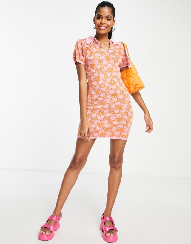 ASOS DESIGN knit mini dress with collar in floral pattern