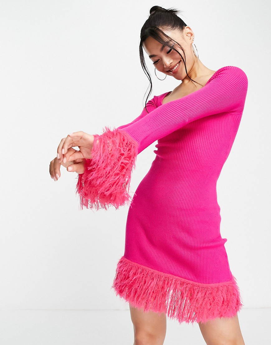 ASOS DESIGN knit mini dress with feather hem in pink