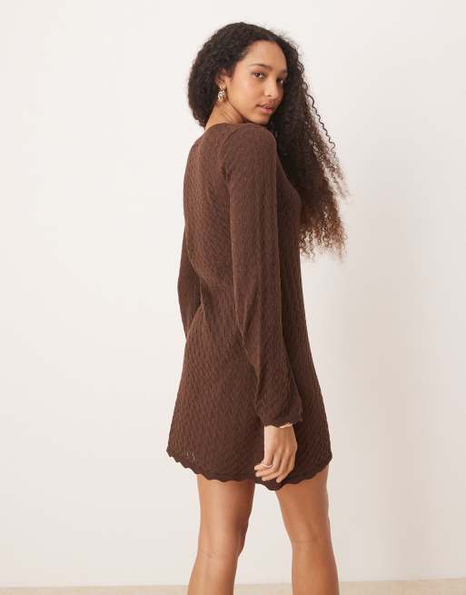 ASOS DESIGN knit mini dress with flared sleeve in brown, 3 of 4