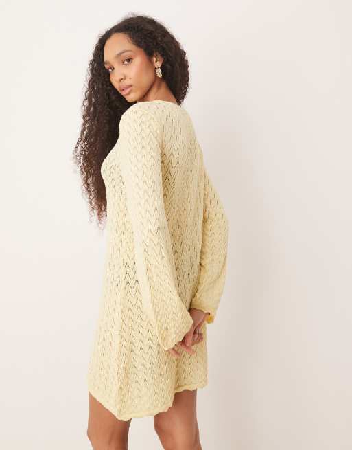 ASOS DESIGN knit mini dress with flared sleeve in buttermilk yellow