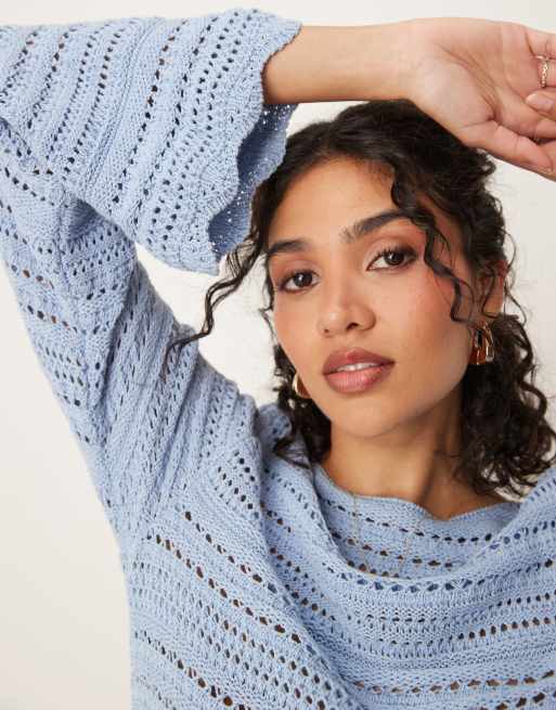 ASOS DESIGN knit mini dress with flared sleeves in light blue, 3 of 4
