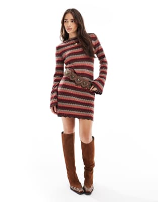 knit mini dress with flared sleeves in striped crochet stitch-Multi