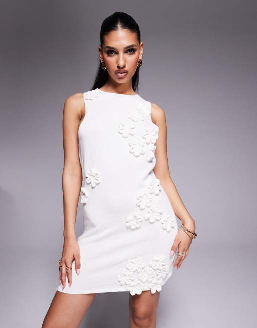 ASOS DESIGN knitted mini dress with floral applique detail in white