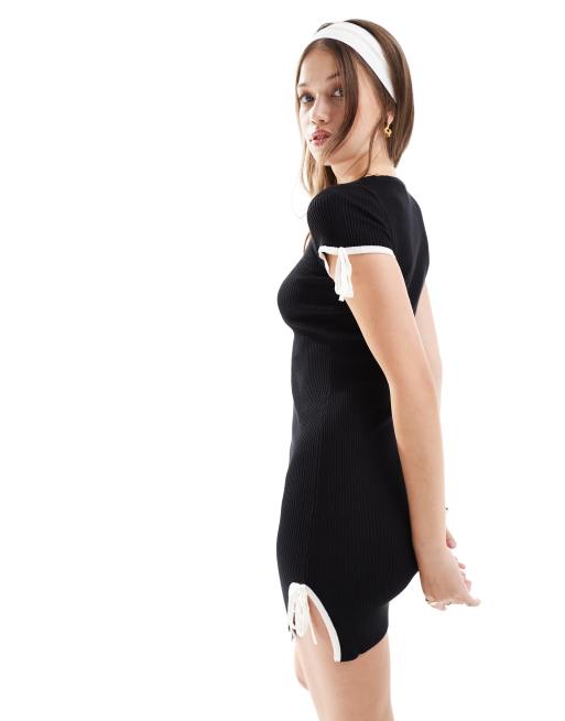 ASOS DESIGN knit mini dress with scoop neck and tie details in black