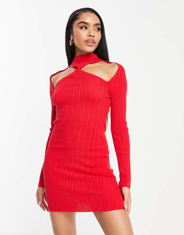 ASOS DESIGN knit mini dress with twist front detail in red