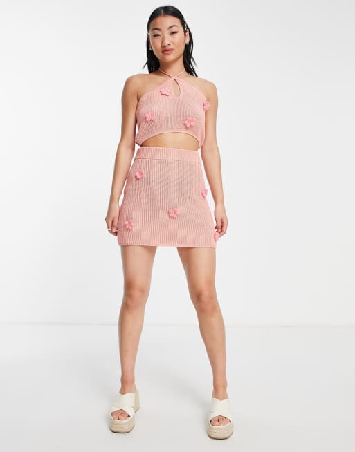 ASOS DESIGN knit mini festival skirt with 3D flower detail part of a set