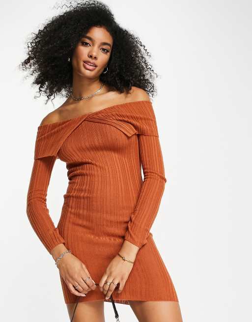 ASOS DESIGN knit mini ribbed dress with off shoulder detail in brown 