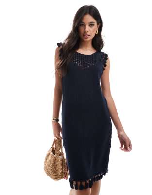 knit mini sleeveless dress with tassels in black