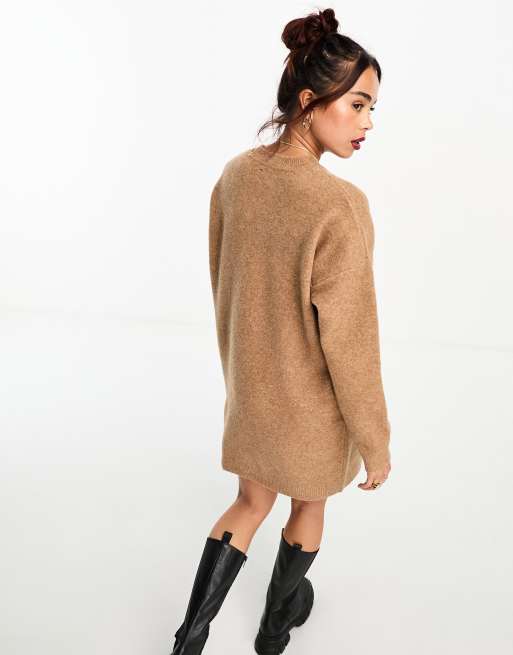 Camel Cable Knit Long Sleeve Mini Jumper Dress