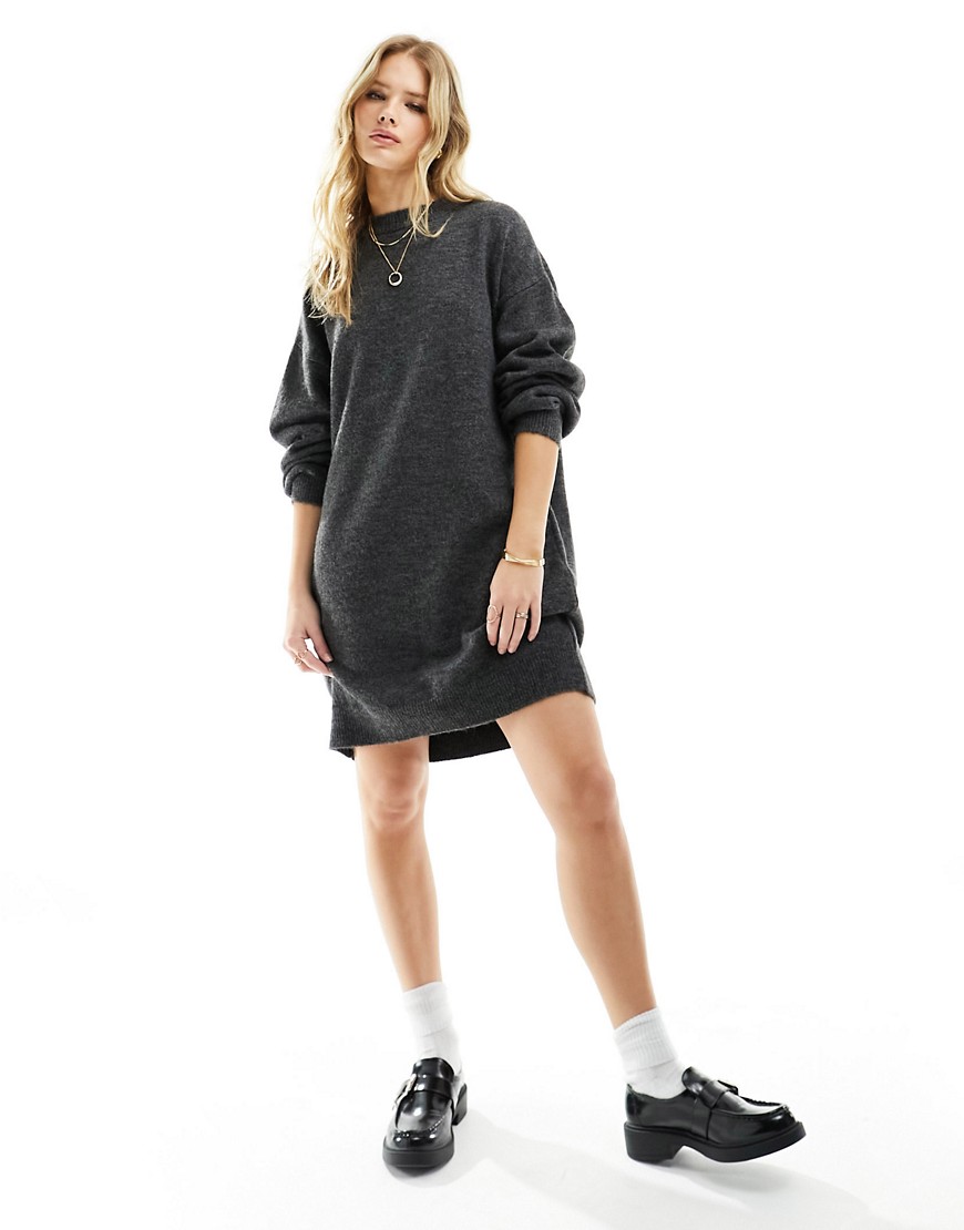 Asos Design Knit Mini Sweater Dress With Crew Neck In Charcoal-gray