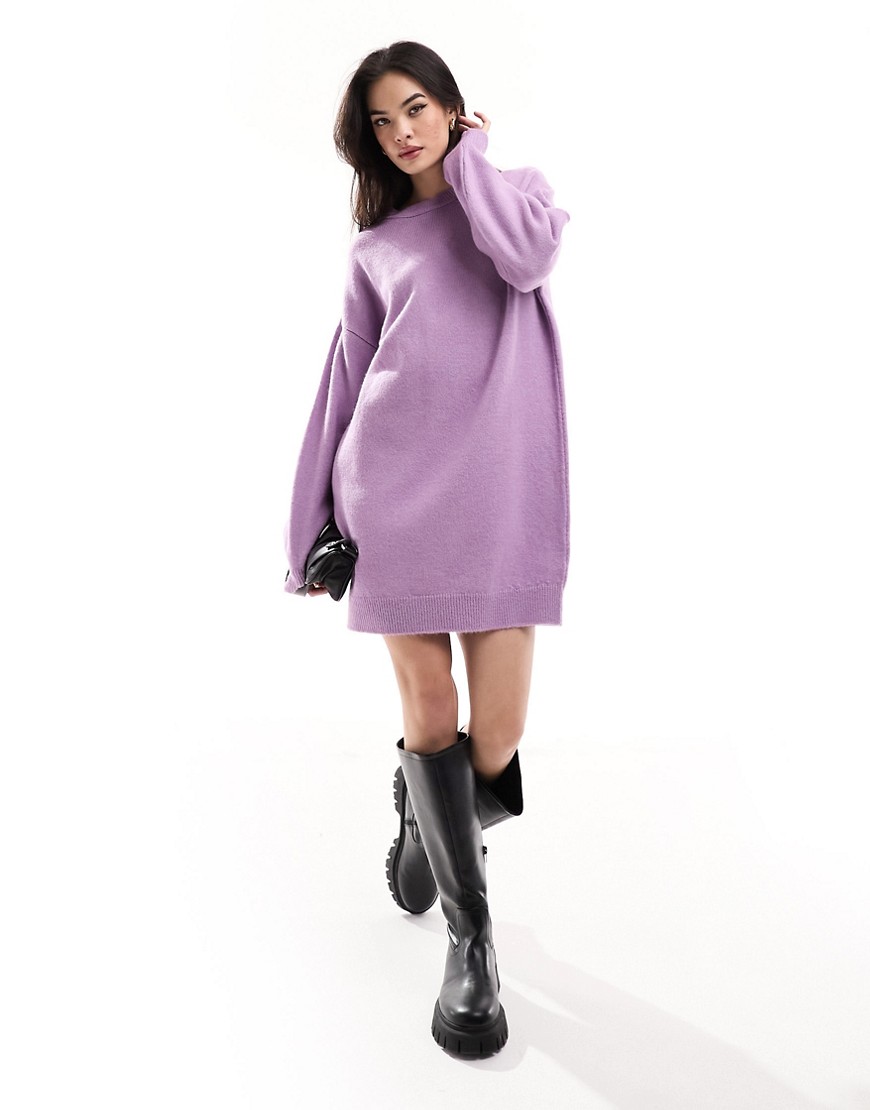 Asos Design Knit Mini Sweater Dress With Crew Neck In Lilac-purple