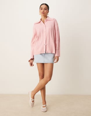 Asos Design Knit Mixed Ribbed Collar Cardigan In Pink