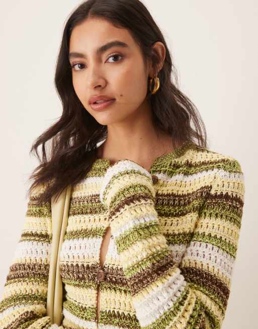 ASOS DESIGN knit multi twist crochet striped cardigan in yellow - Main Image