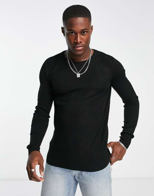 ASOS DESIGN knit muscle fit rib crew neck sweater in black