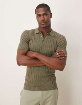 Asos Design Knit Muscle Fit Rib Polo T-shirt In Khaki-green