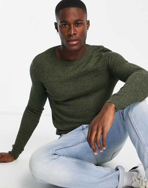 ASOS DESIGN knit muscle fit ribbed crew neck sweater in khaki | ASOS