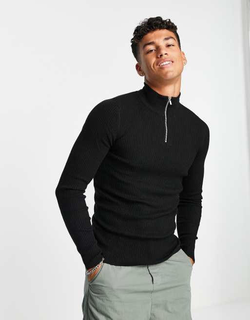 ASOS DESIGN knit muscle fit ribbed half zip sweater in black