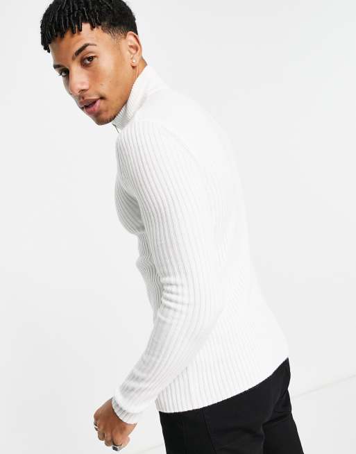 ASOS DESIGN knit muscle fit ribbed half zip sweater in white