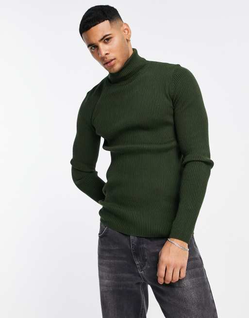 ASOS DESIGN knit muscle fit ribbed roll neck sweater khaki