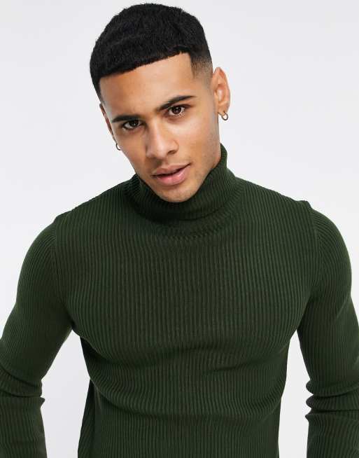 ASOS DESIGN knit muscle fit ribbed roll neck sweater khaki