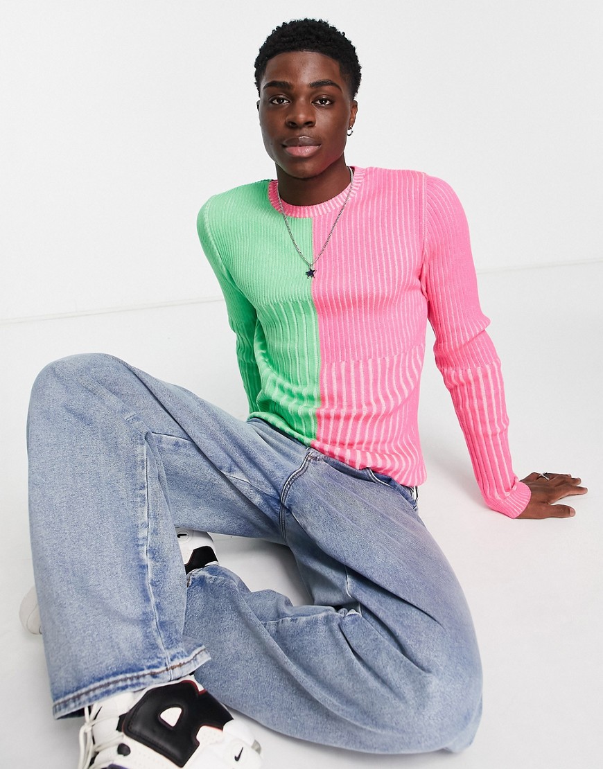 ASOS DESIGN knit muscle fit ribbed sweater in neon pink & green-Multi