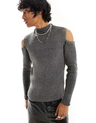 ASOS DESIGN KNIT MUSCLE PLATED RIBBED SWEATER WITH CAP SLEEVES IN CHARCOAL-GRAY