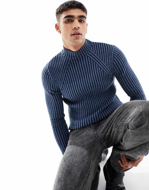 ASOS DESIGN knit muscle plated ribbed turtle neck sweater in blue