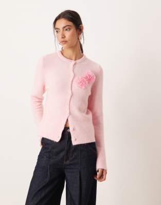 Asos Design Knit Neat Fit Cardigan With 3d Florals And Wool In Pink