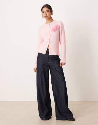 Asos Design Knit Neat Fit Cardigan With 3d Florals And Wool In Pink