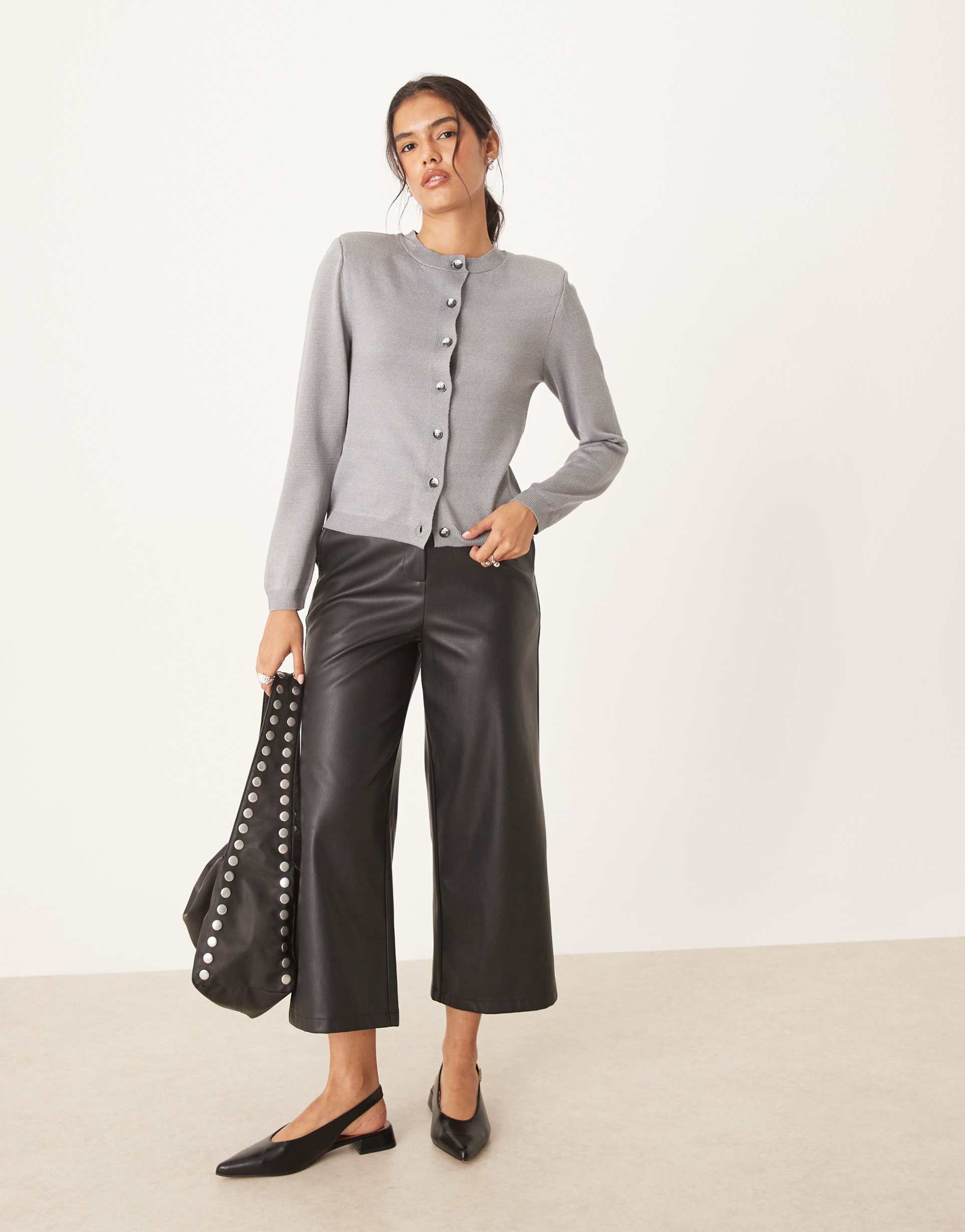 asos design knit neat fit cardigan with shoulder pads in gray heather