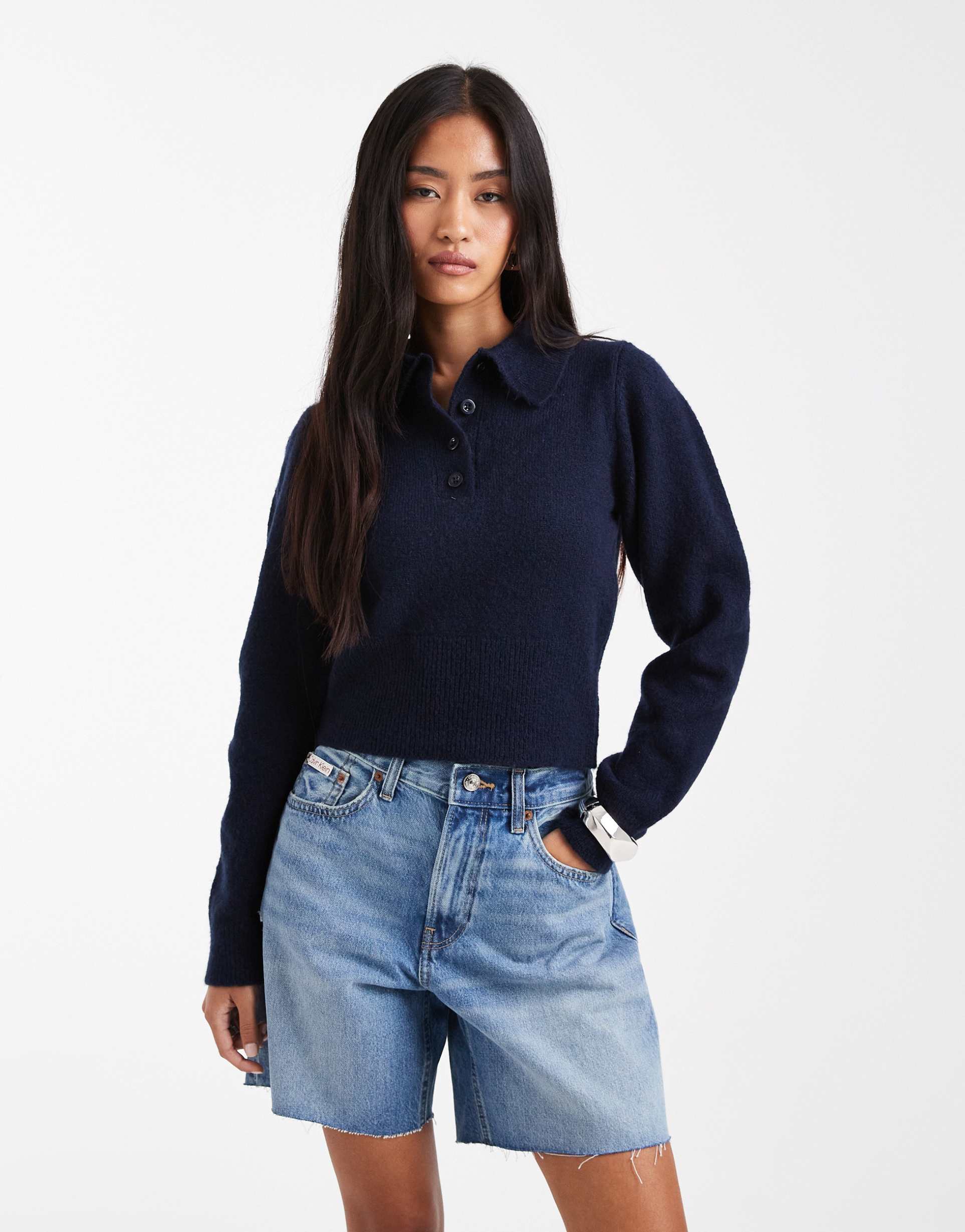 asos design knit nipped waist long sleeve polo top in navy