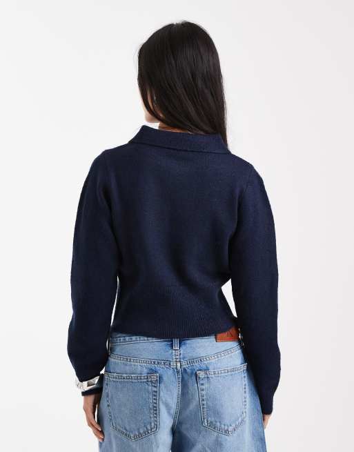 ASOS DESIGN knit nipped waist long sleeve polo top in navy, 2 of 4