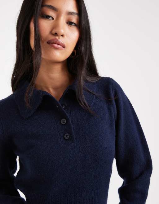 ASOS DESIGN knit nipped waist long sleeve polo top in navy, 3 of 4