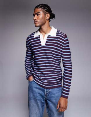 Asos Design Knit Notch Neck Polo Shirt In Blue
