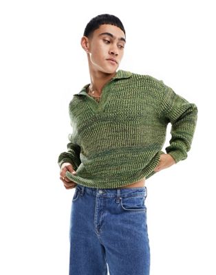 Asos Design Oversized Knit Pointelle Crew Neck Sweater In Khaki-green
