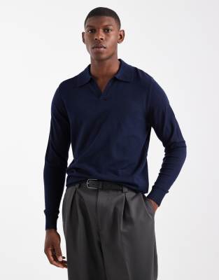 Asos Design Knit Notch Neck Sweater In Blue