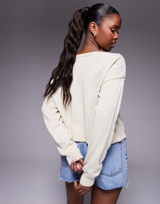 ASOS DESIGN knit off-shoulder sweater in cream | ASOS